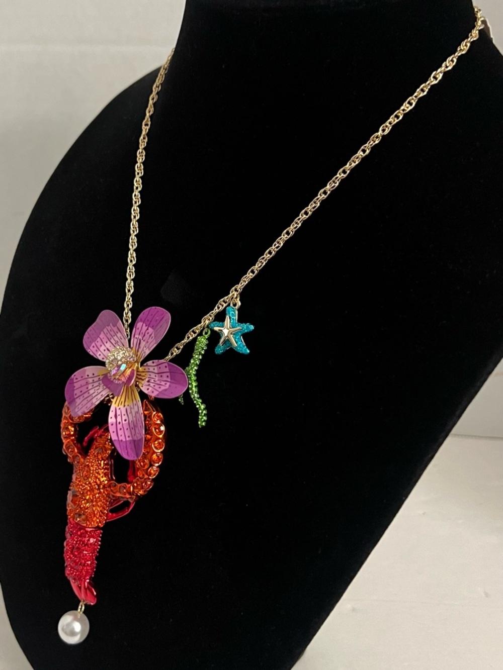Betsey Johnson Purple, Pink & Orange Lobster Flower Pendant Necklace - Picture 11 of 16